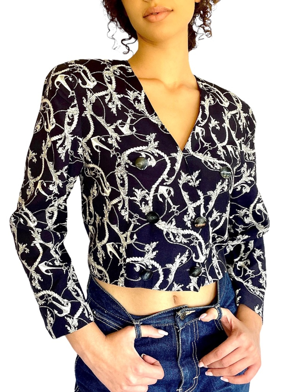 Vintage Navy Blue Nautical Print Jacket